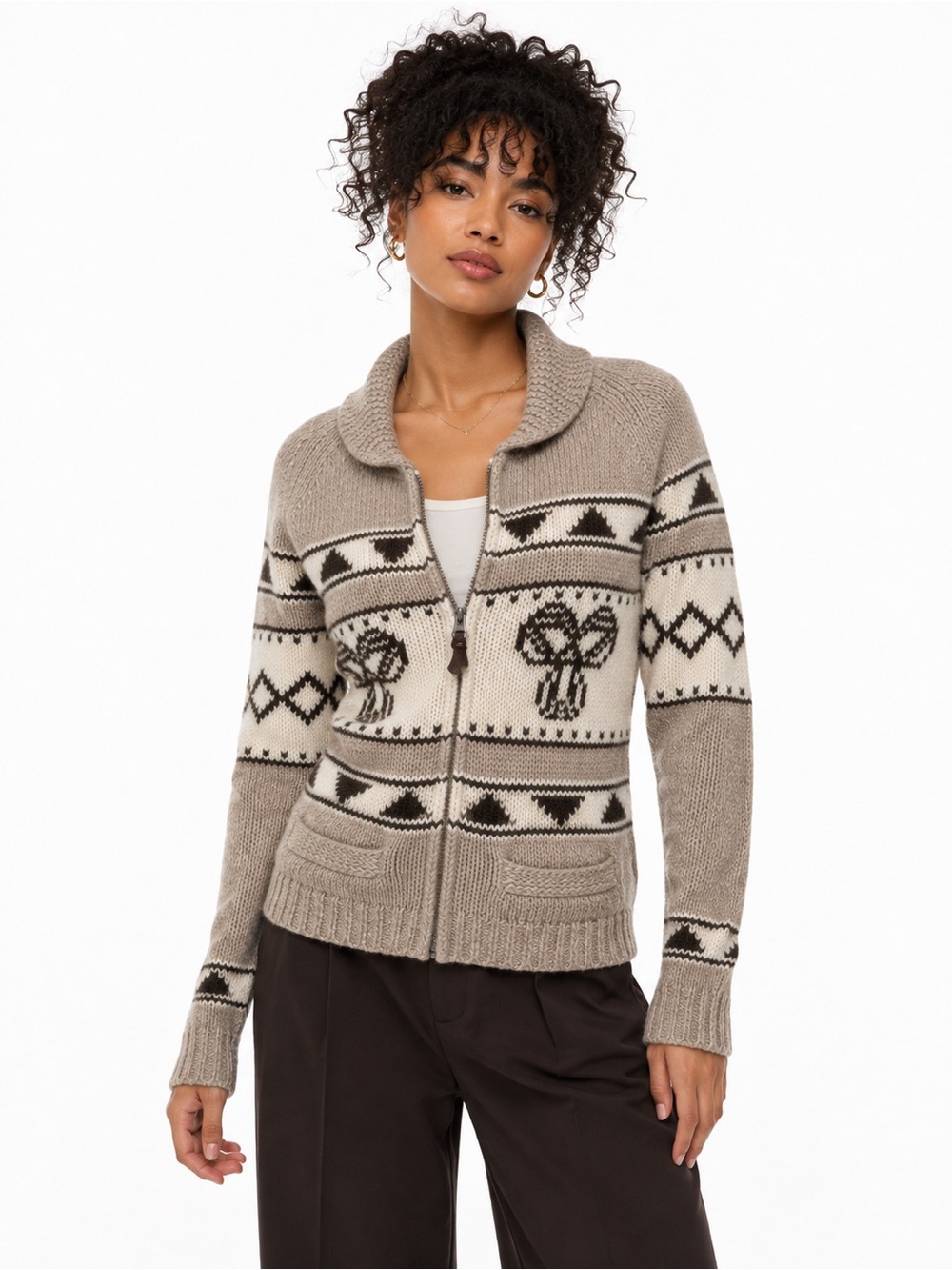 TNA Aritzia Sea to Sky Lambswool Fair Isle Zip Cardigan Sweater Small